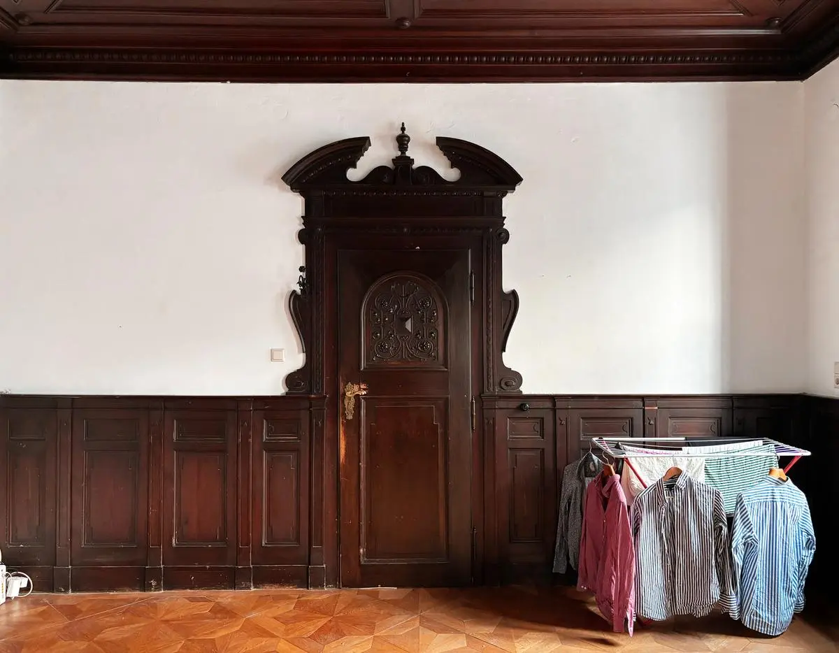 The temporary exhibition space - currently laundry.