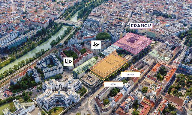 So soll das Althanquartier aussehen: Die einzelnen Gebäudekomplexe des Projekts bekommen eigene Namen wie „Francis“, „Jo Living“ und „Liz Living“.