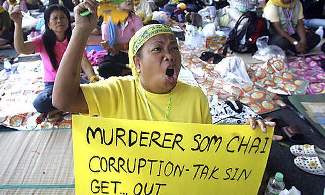 Anti-government protesters holds a poster during a rally at the Suvarnabhumi airport facility, Bangko