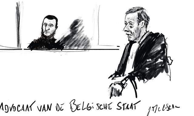 Salah Abdeslamund sein Anwalt Bernard Renson (rechts) in einer Gerichtsskizze. 