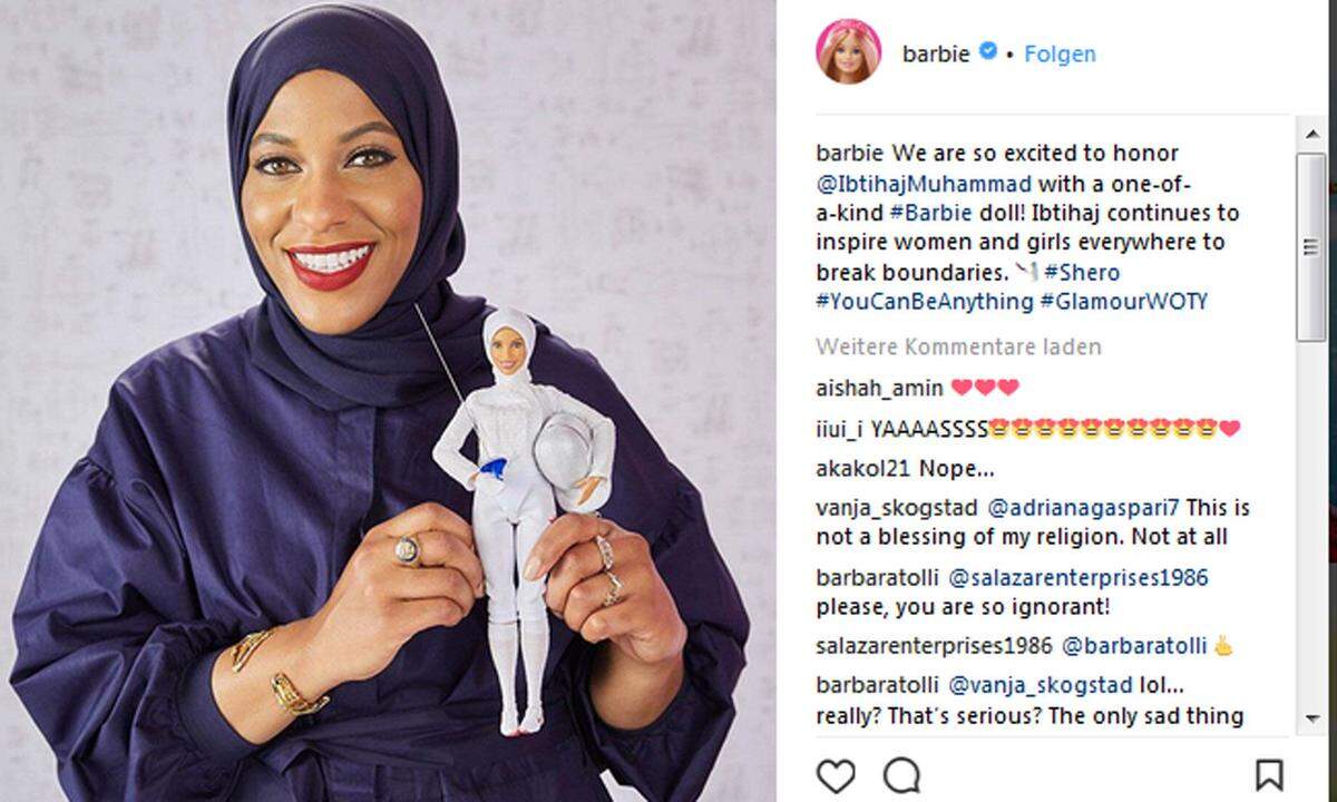 Die Barbie trägt den muslimischen Hidschab, ein Kopftuch, das Haare, Hals und Brust bedeckt. Als erste US-Sportlerin mit Hidschab war Muhammad im vergangenen Jahr in Rio bei Olympia angetreten.