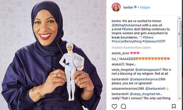 Die Barbie trägt den muslimischen Hidschab, ein Kopftuch, das Haare, Hals und Brust bedeckt. Als erste US-Sportlerin mit Hidschab war Muhammad im vergangenen Jahr in Rio bei Olympia angetreten.