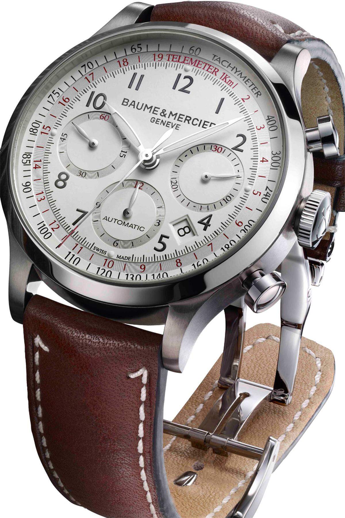 „Capeland Chronograph“. Eine perfekte optische Mischung aus klassischen und zeitgemäßen Elementen, verpackt in ein 42 mm großes Stahlgehäuse. Motor ist ein Eta- „7753“-Automatikkaliber.