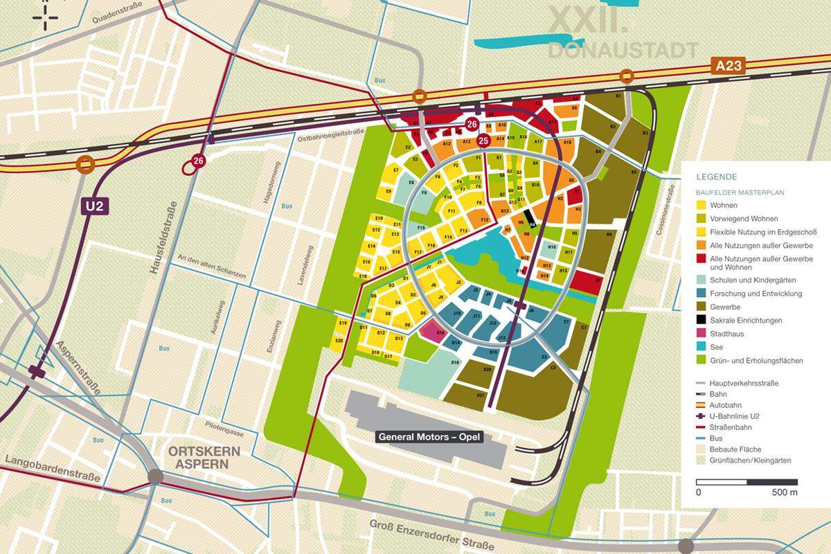 Die Entwicklungsgesellschaft Wien 3420 Aspern Development AG hat die Aufgabe, die Baufelder für die Verwertung vorzubereiten und die Errichtung zu überwachen. Der Teil südlich des Sees wird zuerst entstehen.