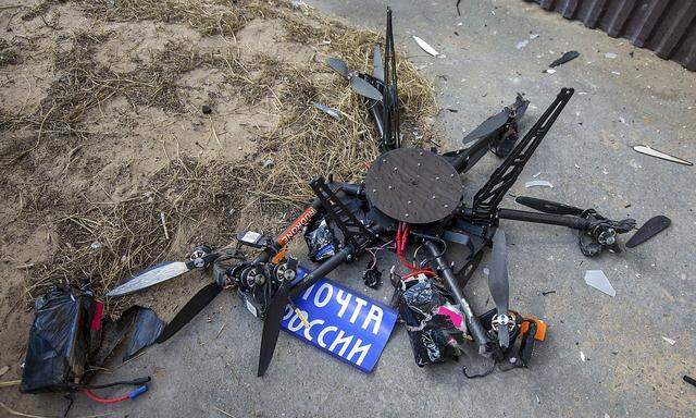 A view shows a damaged mail delivery drone, which crashed into a building during a test launch in Ulan-Ude