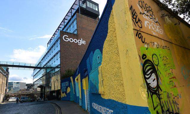 April 10, 2021, Dublin, Ireland: Google logo seen on a facade of the Google building GRCQ1 in Dublin s Grand Canal area,