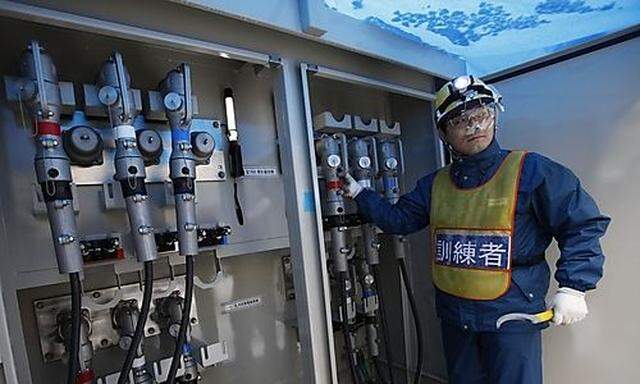An employee of Kansai Electric Power Co stands during a demonstration before an inspection by the I