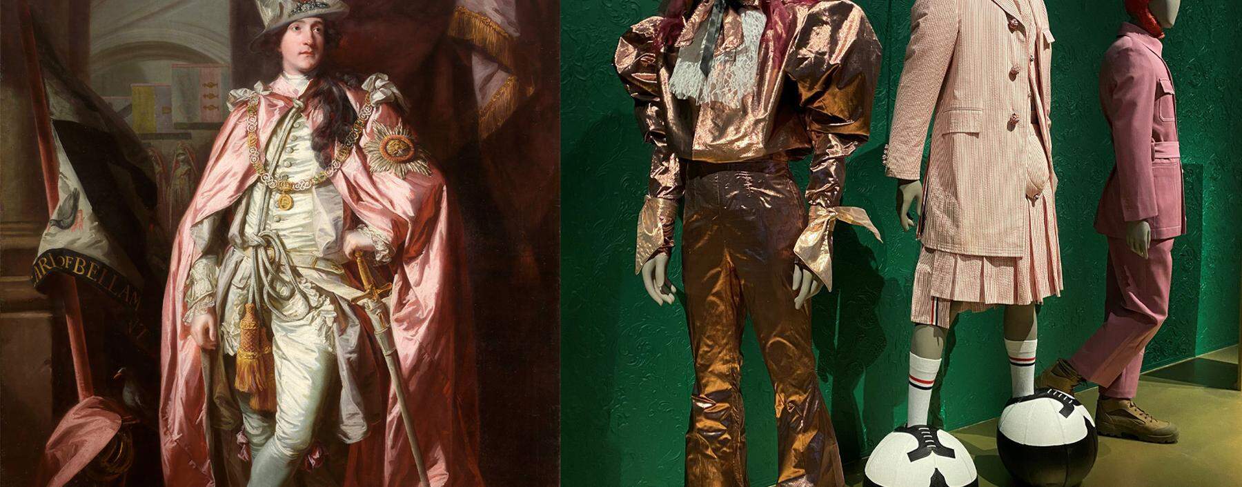 Rosa galt einst als durchaus männlich. Links ein Look von Harris Reed im Dialog mit dem Gemälde von Reynolds.