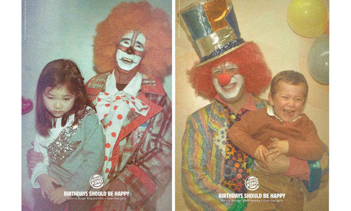 Weniger glücklich schauen diese Kinder aus. Daher bietet Burger King in Spanien auch Clown-freie Geburtstagspartys an.