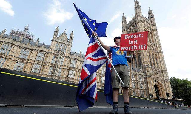 FILE PHOTO: A man holds an anti-Brexit banner on Westminster Bridge in central London