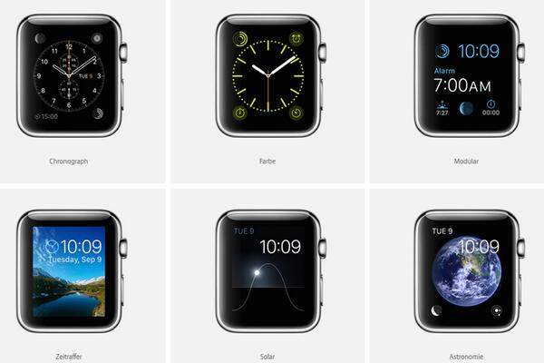 Neben der eigentlichen Hauptfunktion, der Anzeige der Uhr, hat sich Apple mit Features nicht zurückgehalten. Auch die Auswahl der Ziffernblätter soll keine Wünsche über lassen. Dafür soll Force Touch sorgen, womit das Ziffernblatt sowie die Größe selbst gewählt werden kann.
