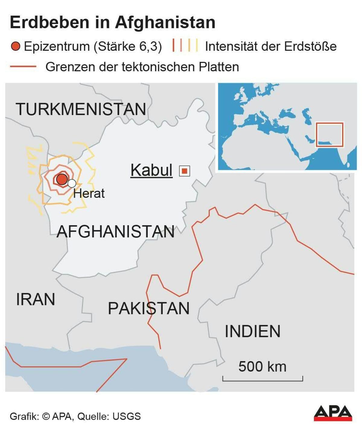 Erdbeben in Afghanistan Karte; Epizentrum (Stärke 6,3),