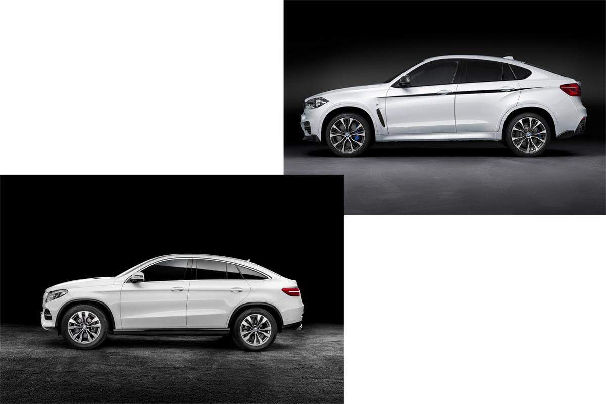 Und wie der Vergleich zeigt, ist die Stoßrichtung des Modells klar: Das GLE Coupé (unten) bläst zum Frontalangriff auf den BMW X6 (oben). Beim Design wurde gar nicht viel herumprobiert, der Mercedes sieht fast aus wie der BMW, die Kampfansage ist klar.