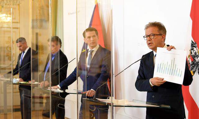 Innenminister Karl Nehammer, Vizekanzler Werner Kogler, Bundeskanzler Sebastian Kurz und Gesundheitsminister Rudolf Anschober 