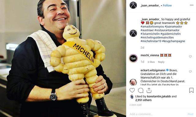 Juan Amador freut sich über senien dritten Michelin-Stern für sein Amador in Wien-Grinzing. Fast 3000 seiner Follower gefällt das.