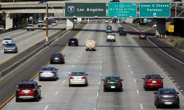 Cars travel north towards Los Angeles on interstate highway 5 in San Diego