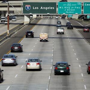 Cars travel north towards Los Angeles on interstate highway 5 in San Diego