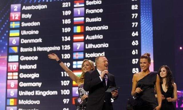 German TV entertainers and hosts of the Eurovision, Judith Rakers, Stefan Raab, Anke Engelke and Lena