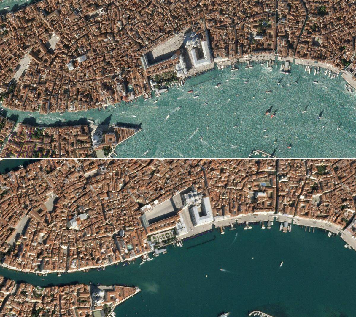 Dieser Vergleich zeigt Venedig am 19. März und den eigentlichen Normalzustand davor. (Bild oben) Auch der Markusplatz ist Menschenleer.