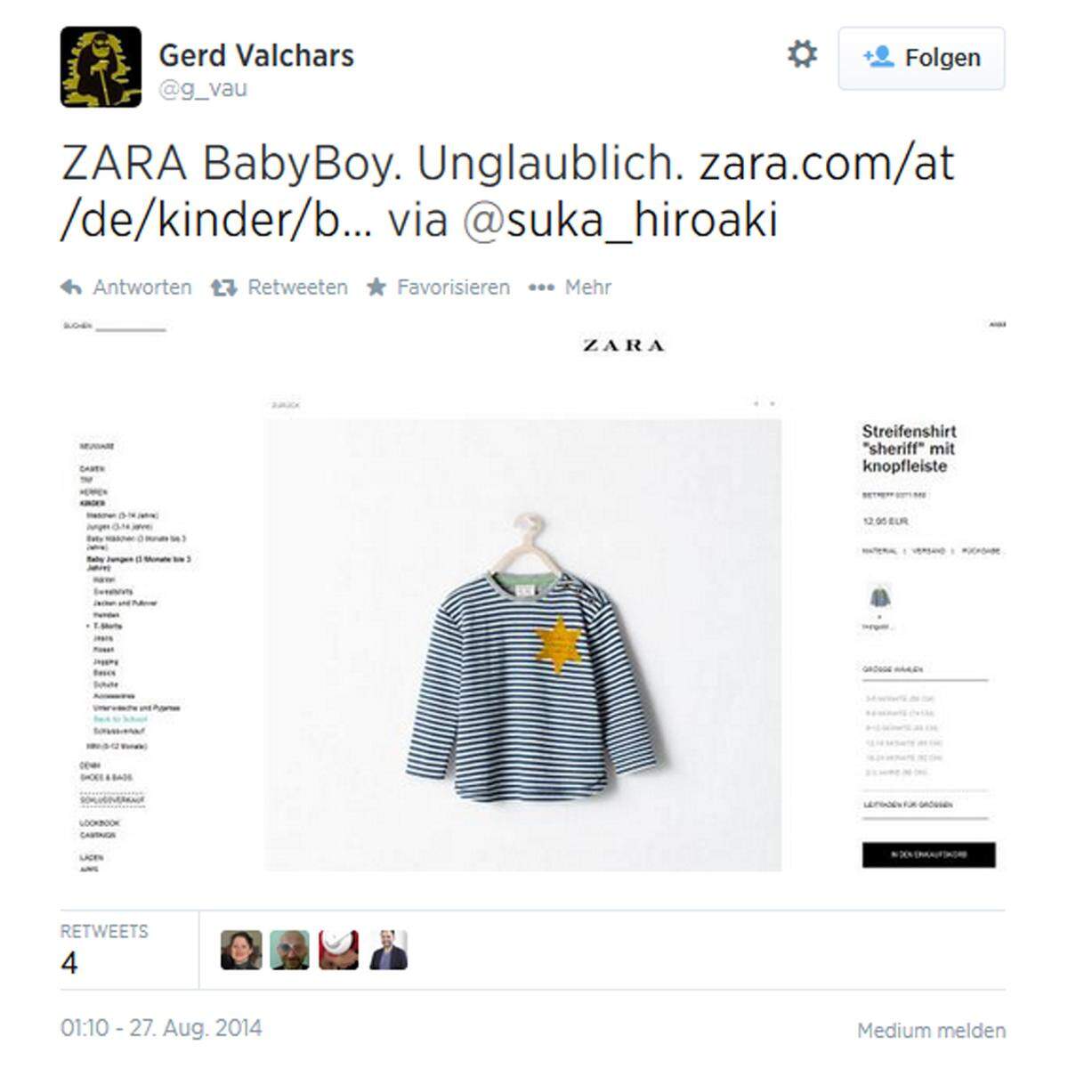 Es ist auch für dieses Unternehmen nicht das erste Mal, dass man sich im Ton vergriffen hat. Ein Shirt mit Stern sorgte davor für Aufregung. Viele Kritiker erinnerte es an die Uniformen von KZ-Häftlingen, für Zara sollte es ein "Sheriff"-Kostüm darstellen. 