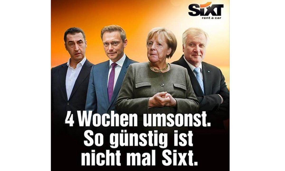 Nur kurz nach dem Scheitern der deutschen Koalitionsgespräche wurden die Teilnehmer bereits unfreiwillig zu Sixt-Testimonials. Es ist nicht das erste Mal, dass Sixt sich über Angela Merkel lustig macht ....