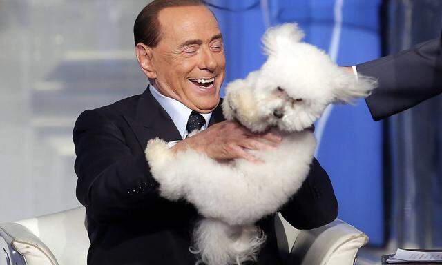 Silvio Berlusconi versucht im Fernsehen, einen eher widerspenstigen Hund mit seinem Charme zum Kuscheln zu bringen