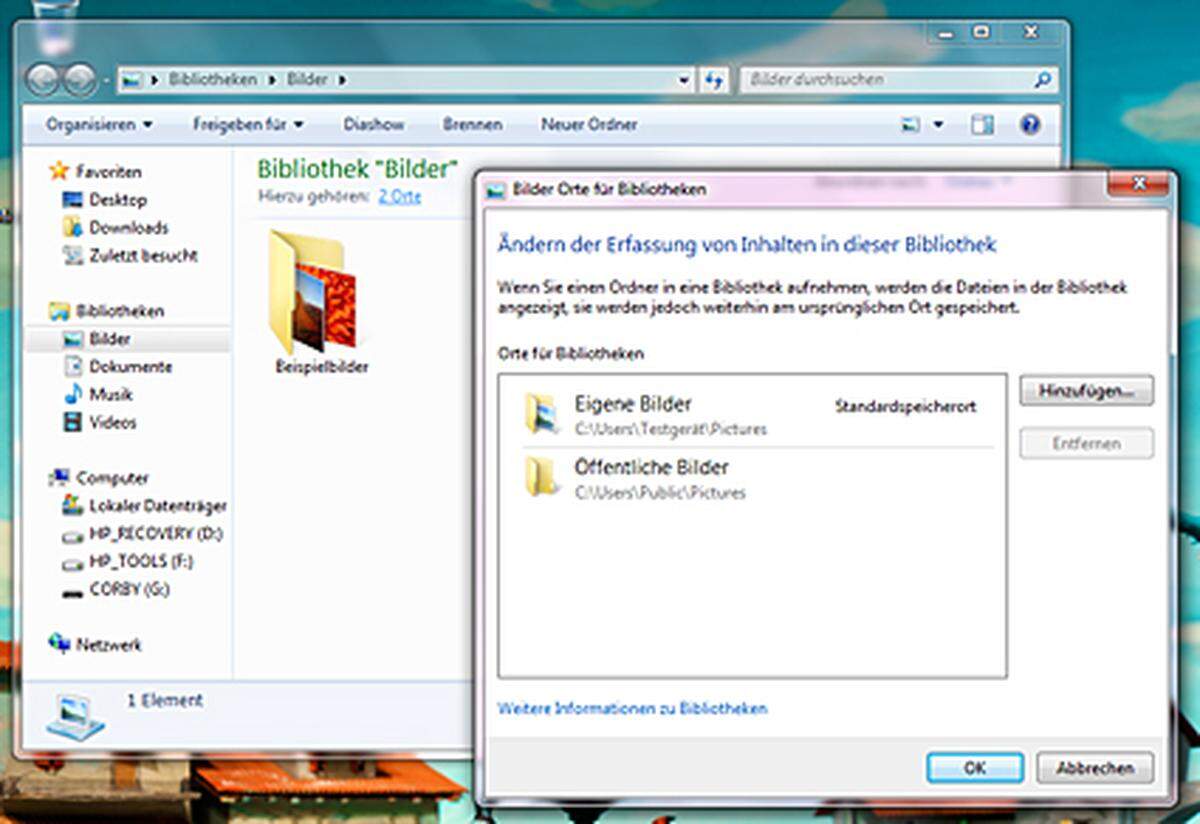 Auch im Windows-Explorer gibt es eine Neuerung, die für viele vermutlich eher gewöhnungsbedürftig ist. Alle Dateien sind in vier "Bibliotheken" aufgeteilt. In der Bibliothek "Bilder" sind alle Bilder zu finden, egal, wo sie gespeichert wurden. Den Bibliotheken lassen sich selbst Wechseldatenträger wie USB-Sticks zuoordnen.