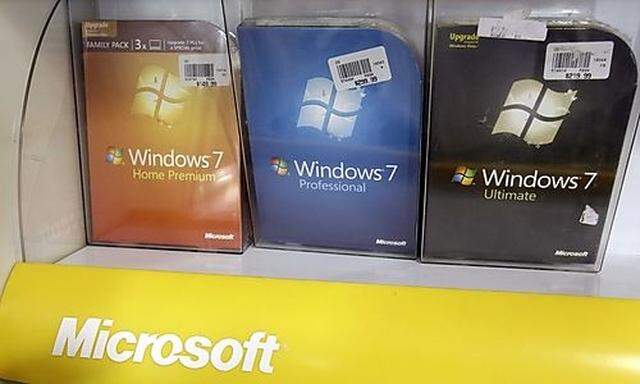 In this Jan. 19, 2011 photo, three Microsoft Windows 7 operating systems are on display at a computer