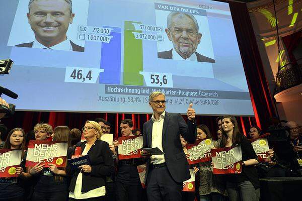 Auch Prominenz aus der SPÖ, etwa Rathaus-Klubchef Christian Oxonitsch, der ÖVP mit Othmar Karas oder Ferry Maier, aber auch seitens der Neos ließ sich blicken. Besonders viel Jubel aus dem Publikum gab es für Lothar Lockl, Van der Bellens Wahlkampfleiter.