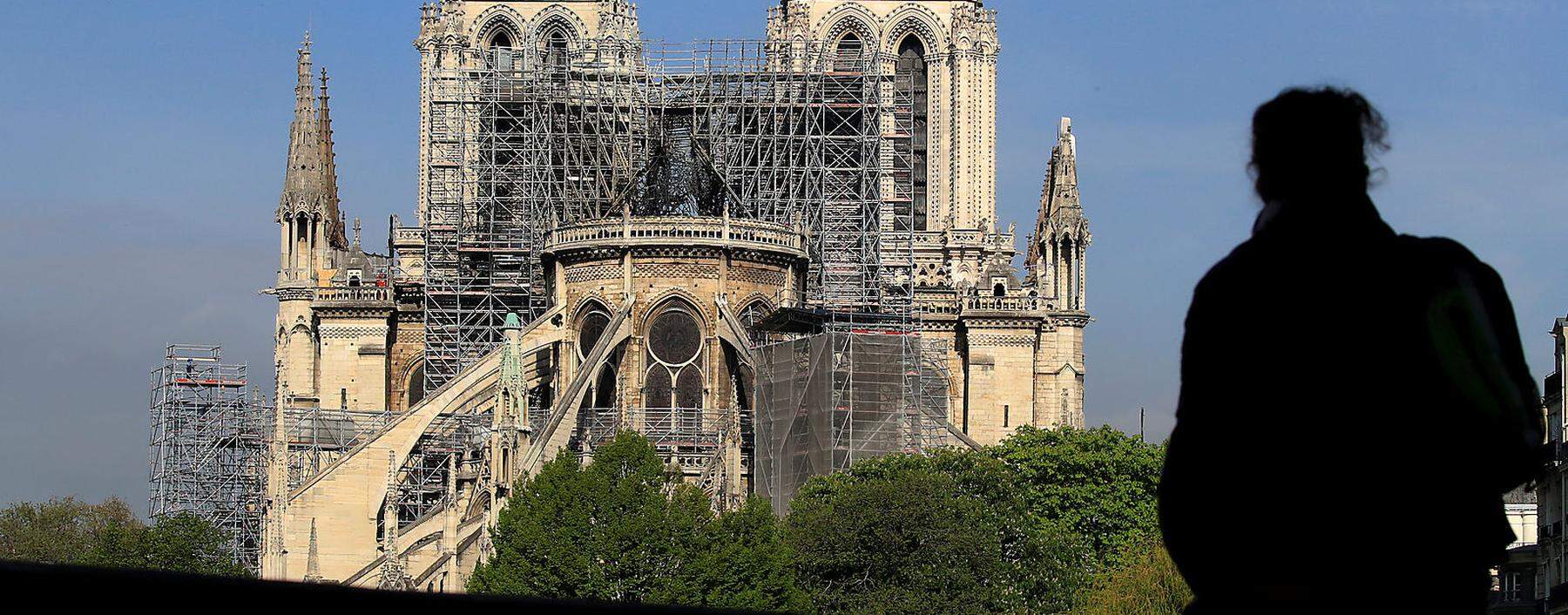 A person looks at Notre-Dame Cathedral after a massive fire devastated large parts of the gothic structure in Paris