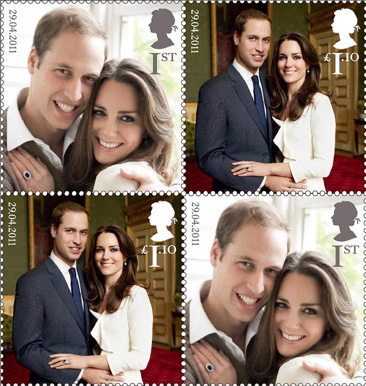 Besonderes gibt's anlässlich der Hochzeit auch bei der Post: Die Royal Mail lässt Sonderbriefmarken mit den beiden offiziellen Verlobungsfotos des Paares drucken. Außer den Bildern sollen auf den Briefmarken demnach auch das Datum des Hochzeitstags am 29. April und das Konterfei von Queen Elizabeth II. aufgedruckt sein.