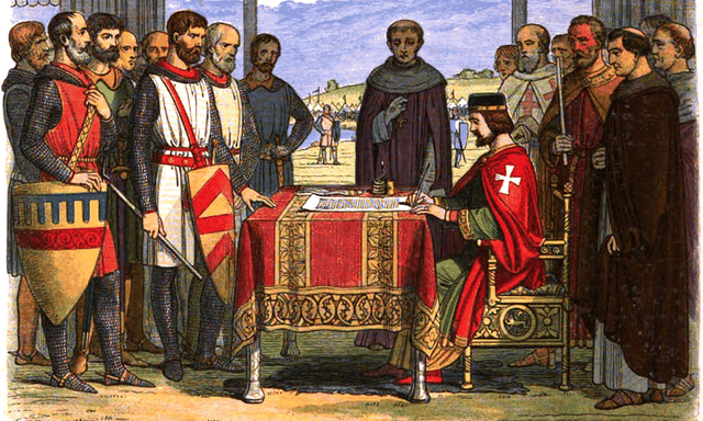 König John unterschreibt in Runnymede im Kreis der rebellischen Barone die Magna Charta. 