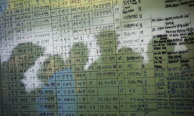 Family members of missing passengers from capsized Sewol passenger ship, which sank in sea off Jindo, cast their shadows as they look at list of fatalities at port in Jindo