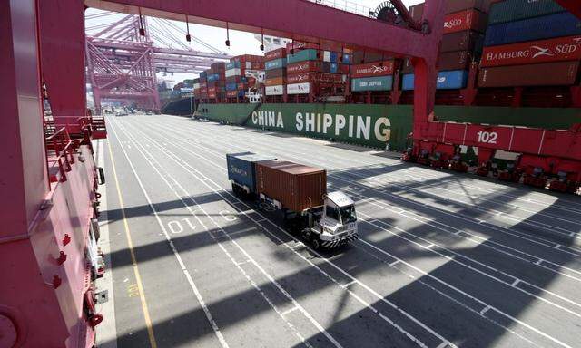 File photo of a truck transporting containers at Hanjin Shipping's container terminal at the Busan New Port in Busan