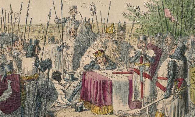1215 zwangen die Barone König Johann I., die Magna Charta zu unterschreiben. Das zeigt die satirische Illustration von 1850.