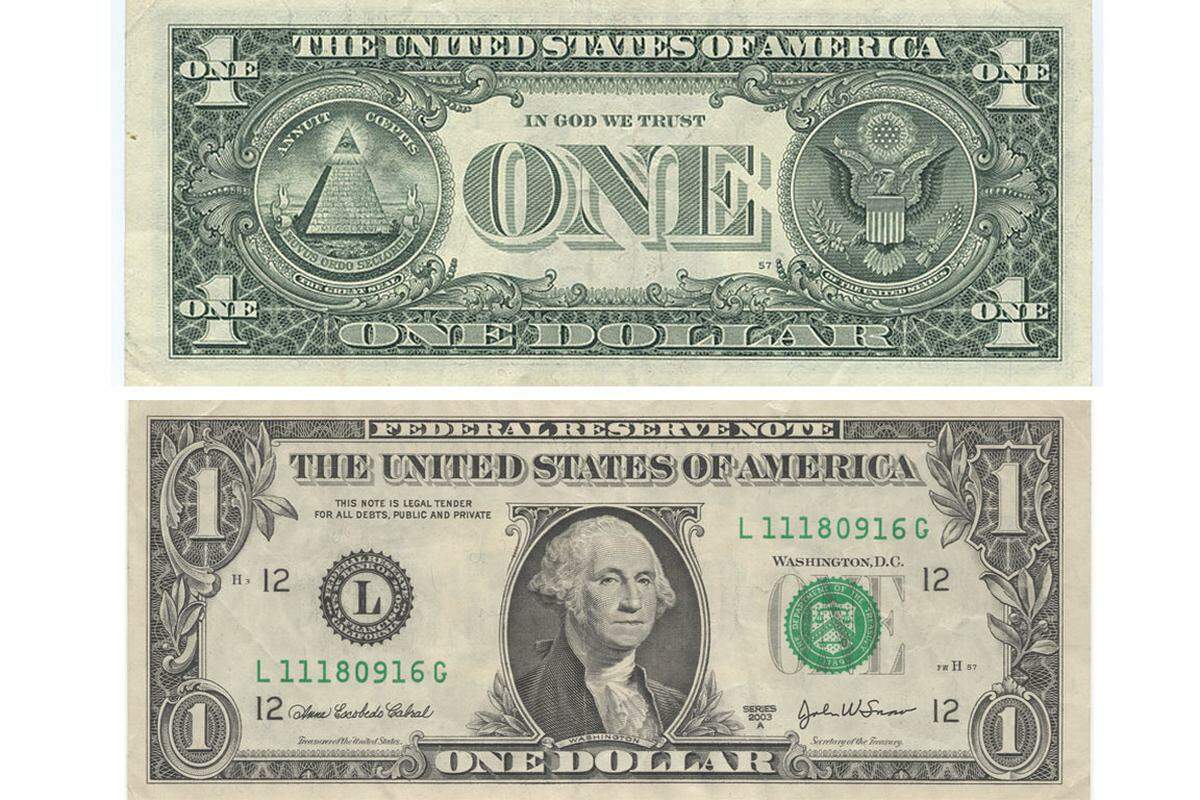 Zuerst einige gesicherte Fakten: Der Ein-Dollar-Schein in seiner heutigen Form ist seit 1932 in Umlauf. Bei der Gestaltung wurden allerdings viele Symbole aus der Gründerzeit verwendet. Vorne befindet sich ein Porträt von George Washington, auf der Rückseite das Staatssiegel (1782). Auf der einen Seite dieses Siegels ist eine Pyramide zu sehen, auf der anderen der Adler, das Wappentier der USA.
