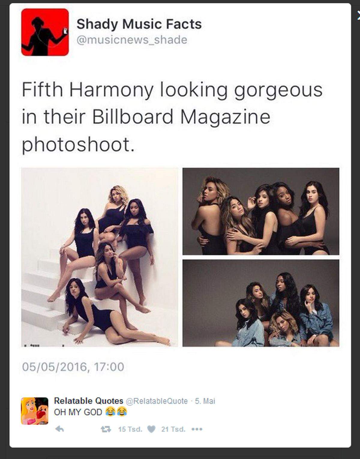 Wenn es nach dem "Billboard Magazine" geht, dann hat eine der Sängerinnen der Gruppe Fifth Harmony nicht zwei linke, sondern zwei rechte Füße. Bei einem Shooting mit dem Musikmagazin dürfte es zu der peinlichen Photoshop-Panne gekommen sein, die Shady Music Facts auf Twitter veröffentlichte.