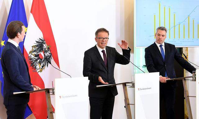 Kanzler Kurz (ÖVP), Gesundheitsminister Anschober (Grüne), Innenminister Nehammer (ÖVP; v. li.) bei der Pressekonferenz.