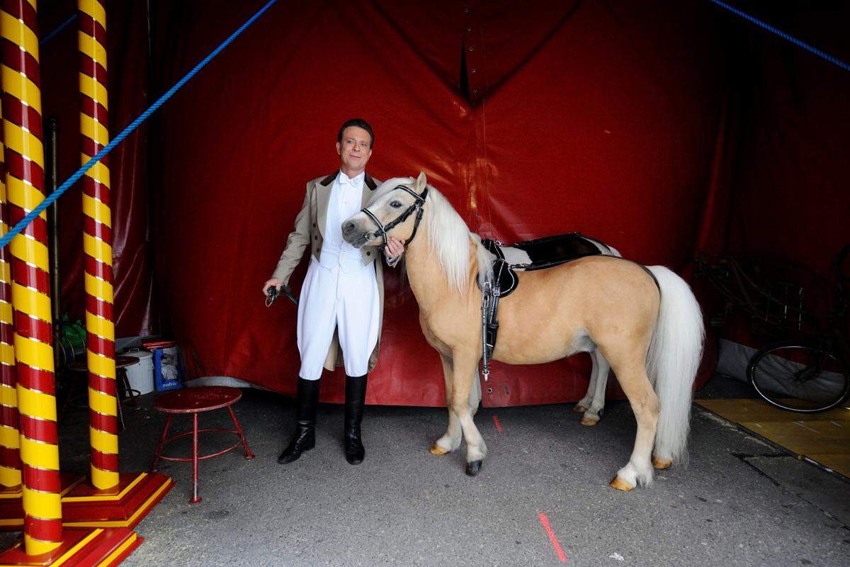 Karl Trunk stammt aus einer alten Zirkusfamilie und ist für die einzige Tiernummer im Programm zuständig. Er arbeitet mit zehn Pferden, die täglich trainiert werden.