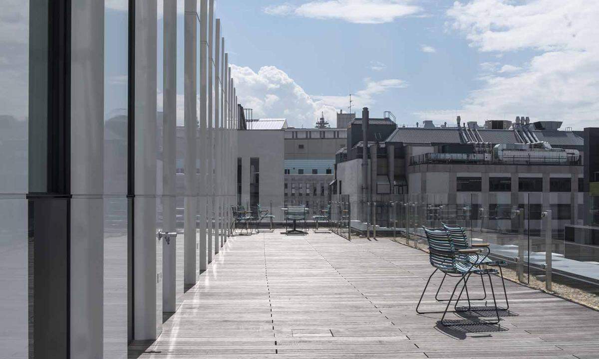 Von der Mitarbeiter-Terrasse aus gibt sich das Vorgänger-Gebäude des IMP zu erkennen.