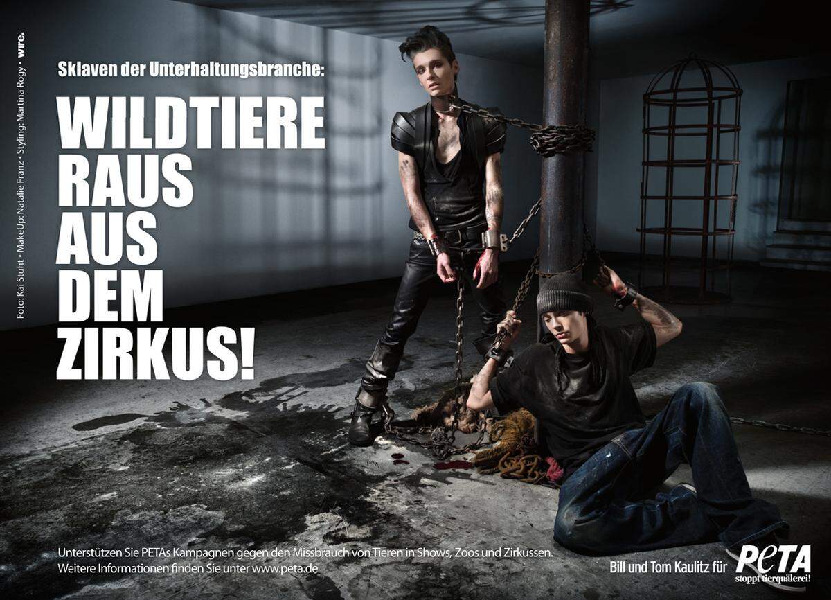 Die Zwillinge Bill und Tom Kaulitz von der deutschen Band Tokio Hotel protestierten mit einem aufwändigen Fotomotiv gegen den Einsatz von Tieren in der Unterhaltungsindustrie. "Sklaven der Unterhaltungsindustrie: Wildtiere raus aus dem Zirkus!" lautete der Slogan, mit dem die beiden Vegetarier sich an einer PETA-Kampagne beteiligten.
