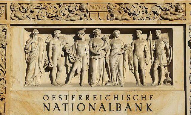 The lettering Oesterreichische Nationalbank Austrian national bank is seen above the entrance of its headquarters in Vienna