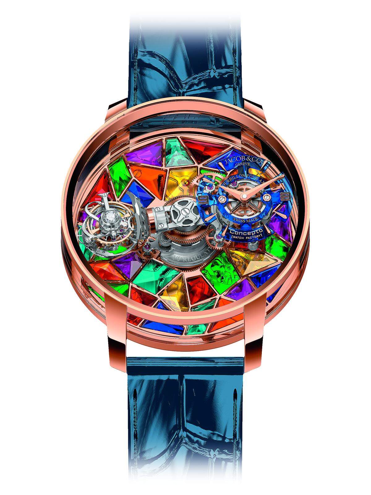 Jacob & Co x Concepto Watch Factory „Revolution 4th Dimension“. Dieses Modell ist laut Hersteller die erste Uhr der Welt mit einem vierachsigen Tourbillon. Das Regu-lierorgan des Zeitmessers wird dabei entlang von vier Achsen in Rotation versetzt. Allein das Kaliber besteht aus 485 Teilen.