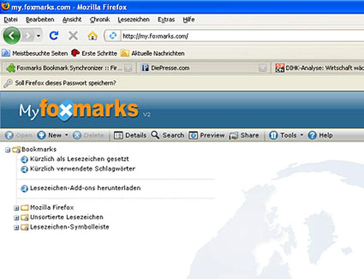 Foxmarks läuft auf Wunsch automatisch im Hintergrund. Die Synchronisierung kann auch manuell durchgeführt werden. Außderdem können via my.foxmarks.com die Lesezeichen online von jedem Rechner aus verwaltet werde - auch ohne Add-On. >Zum Download