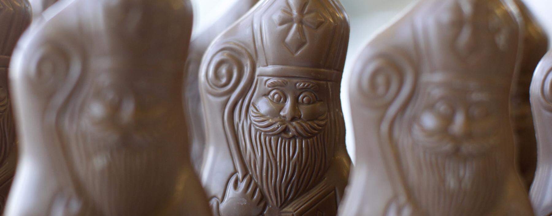 Chocolate Santa Claus figures are pictured in Brandt chocolate manufacture in Landshut