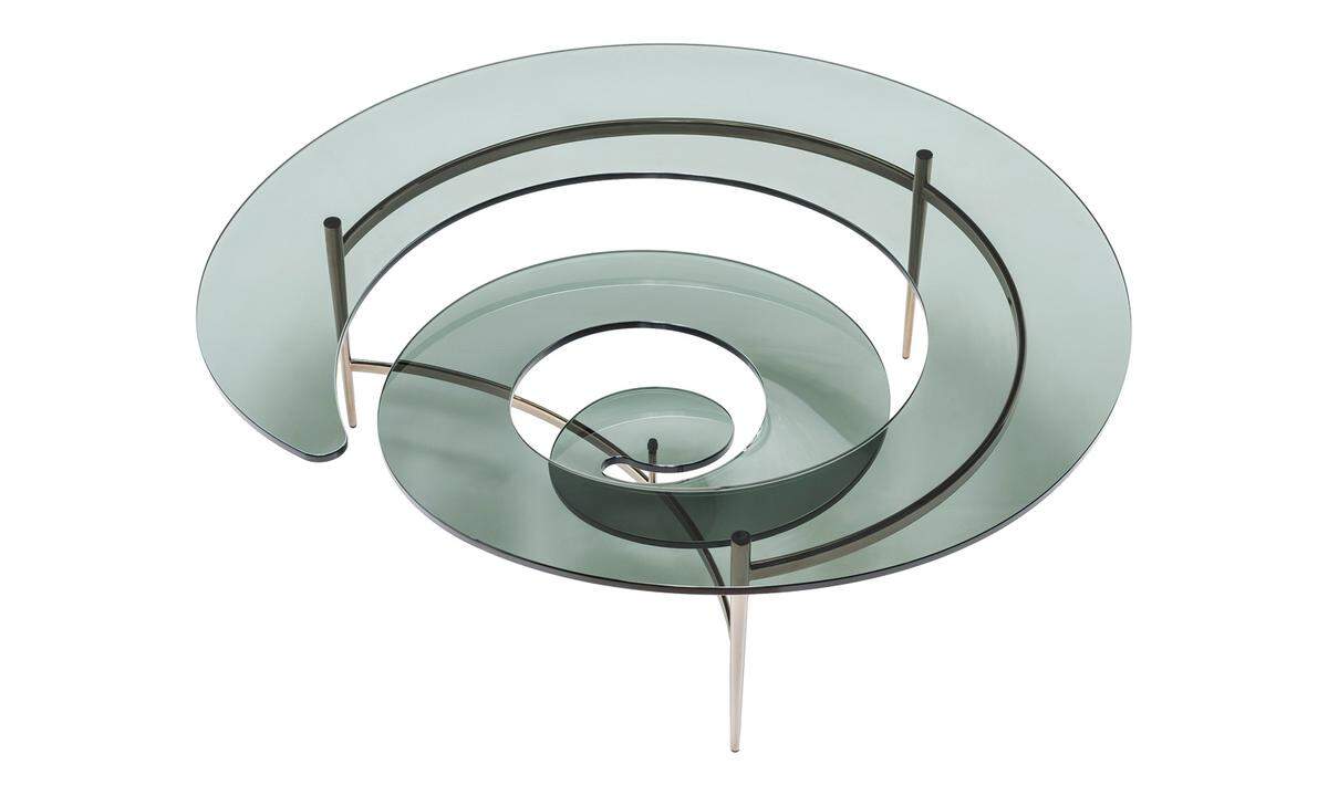 Couchtisch „Spiral" von Cattelan Italia. Eine Glasspirale auf Chrombeinen.