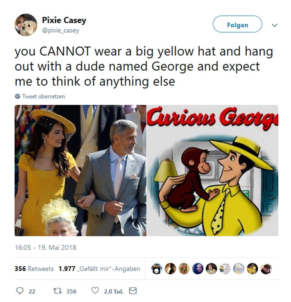 Gelbes Kleid und George an der Hand. Viele User mussten bei Amal und George Clooney an den Kinderfilm "Curious George" denken.