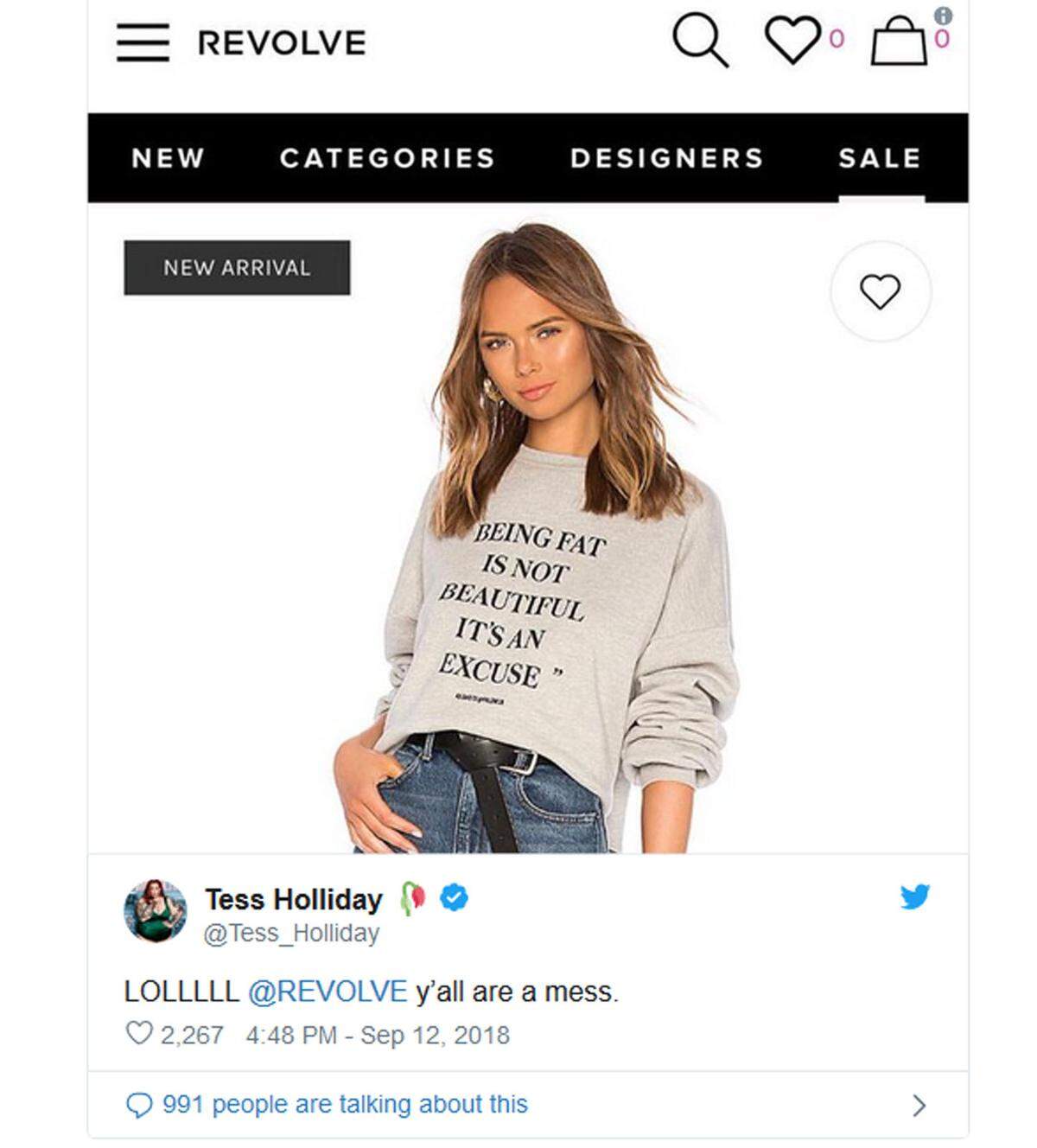 Das Modelabel Revolve verkaufte 2018 einen Pullover mit der Aufschrift "Fett zu sein ist nicht schön, sondern eine Ausrede". Eigentlich sollte es ein Zeichen gegen Cyber-Bullying sein - das verstand nur niemand. Im Web war die Aufregung groß.