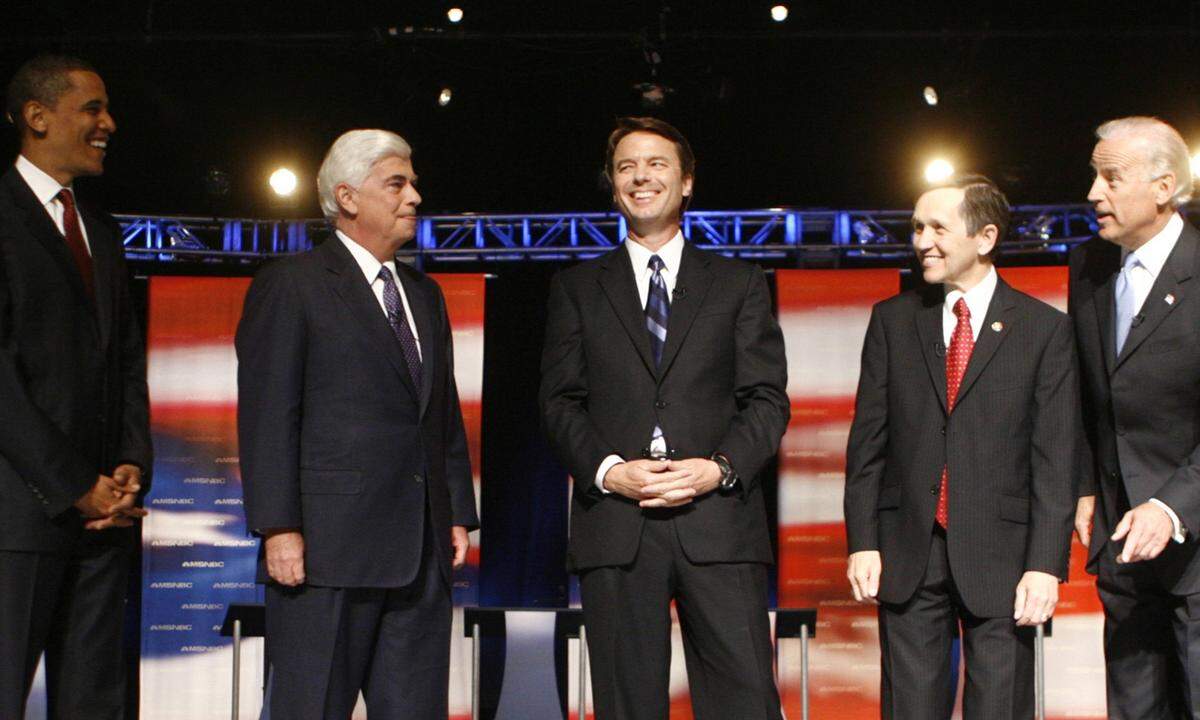 Im Jänner 2007 erklärte Biden, für die Demokraten zur Präsidentschaftswahl 2008 anzutreten. Seine Gegner damals unter anderem: Barack Obama, Chris Dodd, John Edwards, Dennis Kucinich (v.li.). Hier bei einer Debatte im April 2007.