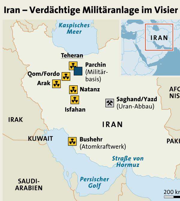 Fordo: 2009 gab Teheran die Existenz dieser lange geheim gehaltenen Anreicherungsanlage südlich von Teheran zu. Die Fabrik in einem Tunnelsystem auf einem früheren Militärgelände nahe der Schiiten-Hochburg Qom bietet Platz für 3000 Zentrifugen zur Urananreicherung.  Arak: In dem noch unfertigen Schwerwasserreaktor im Westen des Landes fällt Plutonium an, das für die Bombenproduktion verwendet werden könnte.